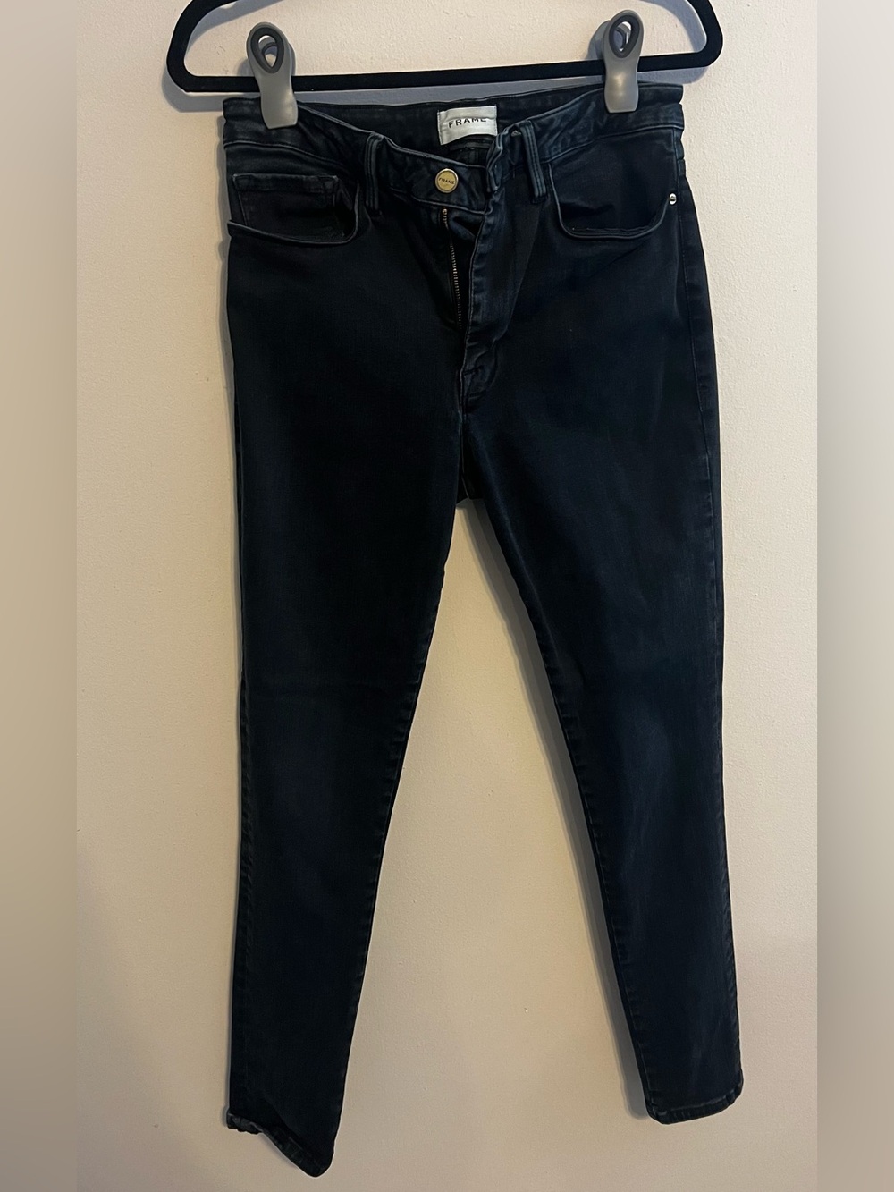 FRAME Black Skinny Jeans Gold Button Detail Women’s Sz 30/28